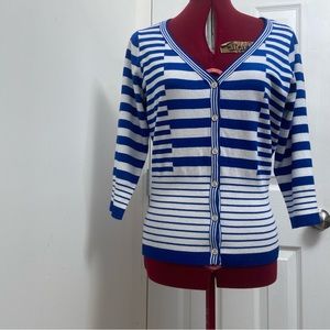 Belle woman white and blue stripes button down cardigan sweater. Size L. Used.